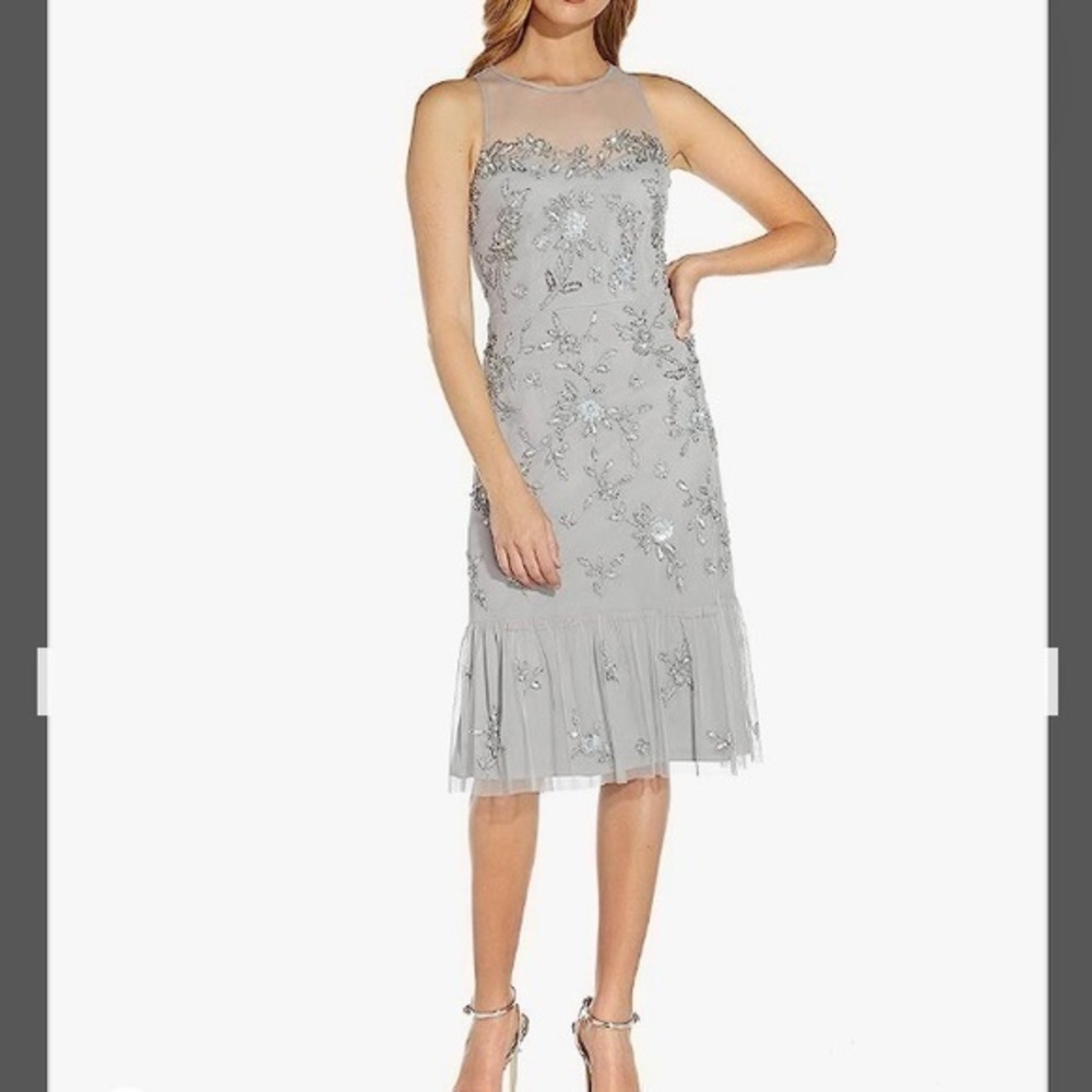 Adrianna Papell Sleeveless Illusion Beaded Tea Length Dress in Silver Mist